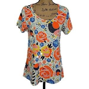 LulaRoe Womens sz S Classic T Shirt Orange Floral Scoop Neck Short Sleeve